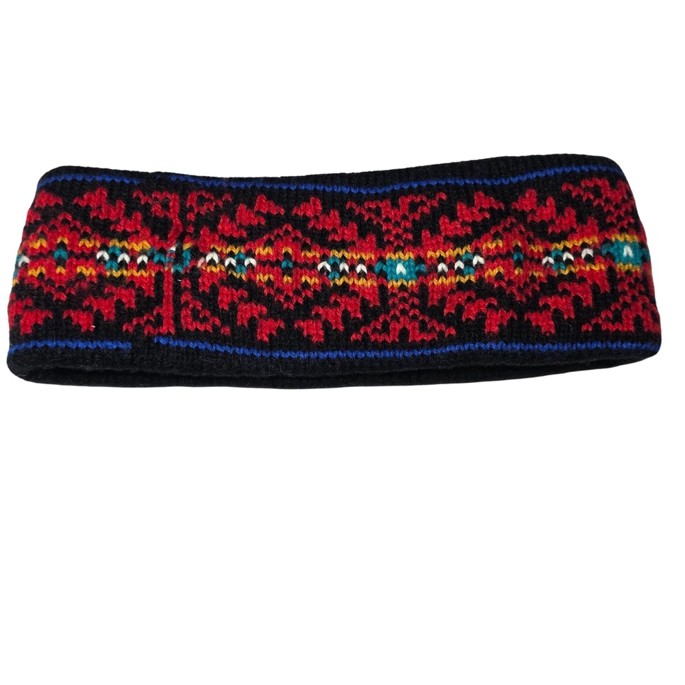 Aris Vintage Fair Isle Knit Headband Ear Warmer Black Red Nordic One Size
